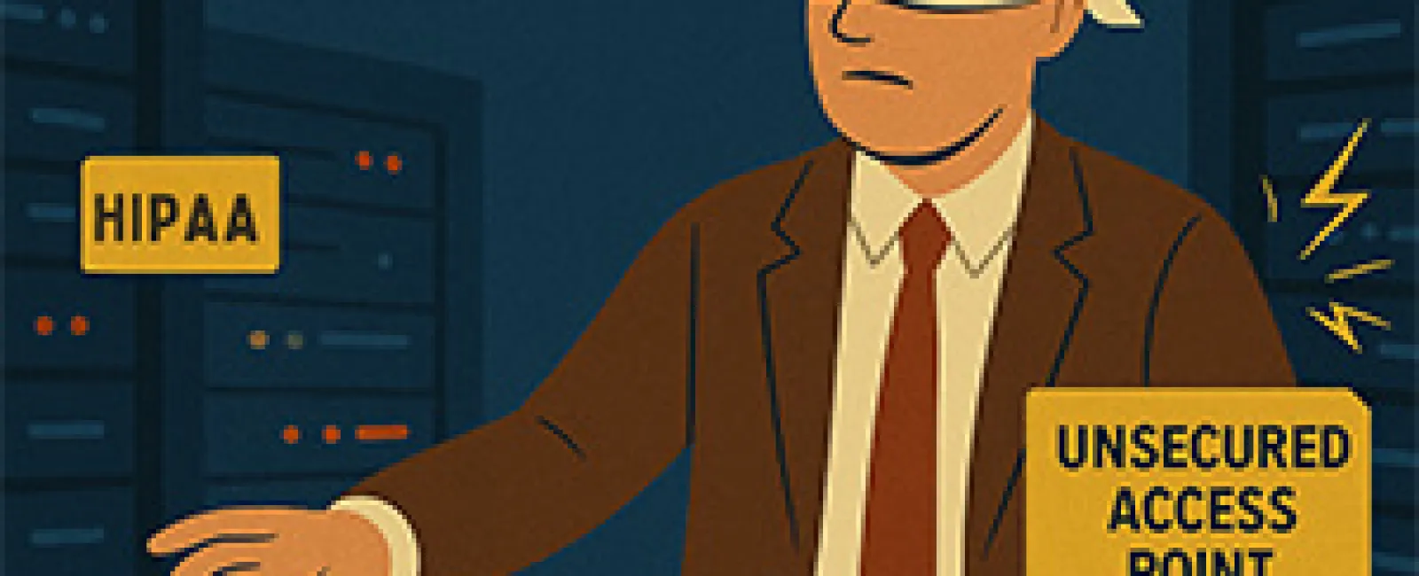 Blindfolded man in suit representing HIPAA violation risk with unsecured access and missing safeguards warnings