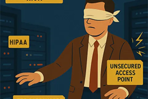 Blindfolded man in suit representing HIPAA violation risk with warnings of unsecured access and missing safeguards.
