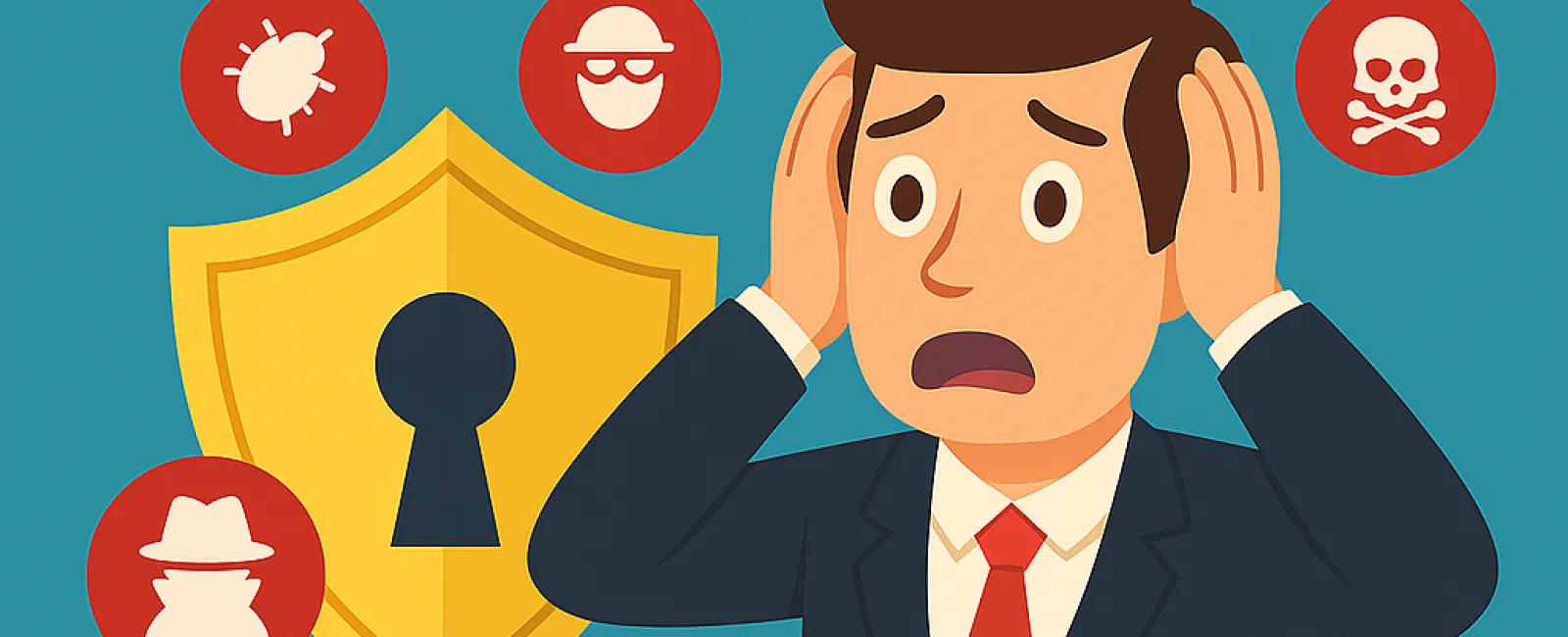 Worried man in suit with icons of bugs, hackers, and skulls around a shield with keyhole labeled myths