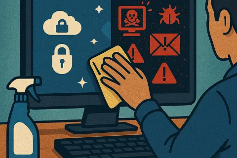 Person cleaning computer screen showing transition from malware warnings to security icons with spray bottle.