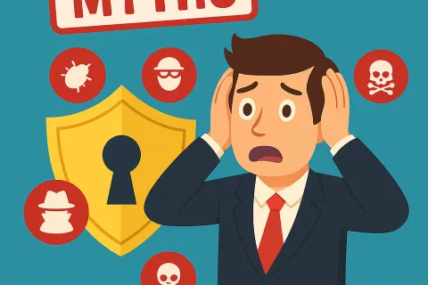 Worried man in suit with locked shield and myth icons symbolizing cybersecurity fears and misconceptions.
