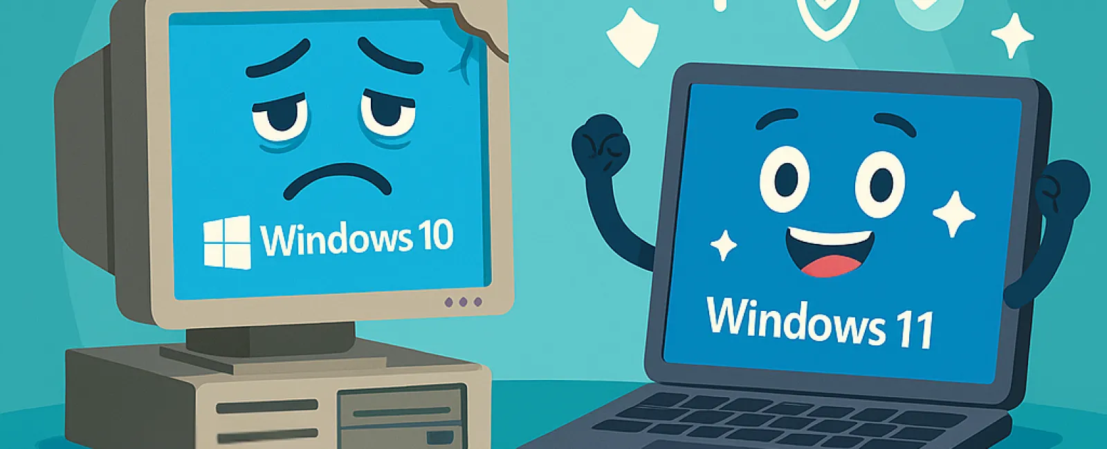 Old cracked Windows 10 computer looks sad beside a happy, modern Windows 11 laptop glowing with security icons.