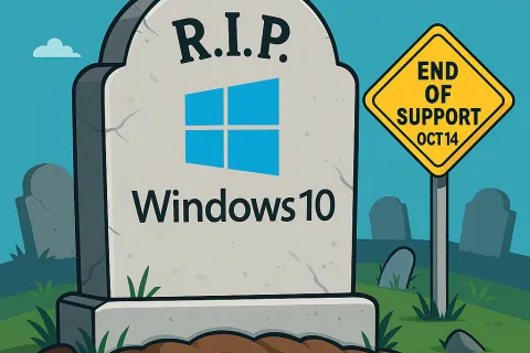 Tombstone with Windows 10 logo and R.I.P. text next to sign indicating end of support on October 14.
