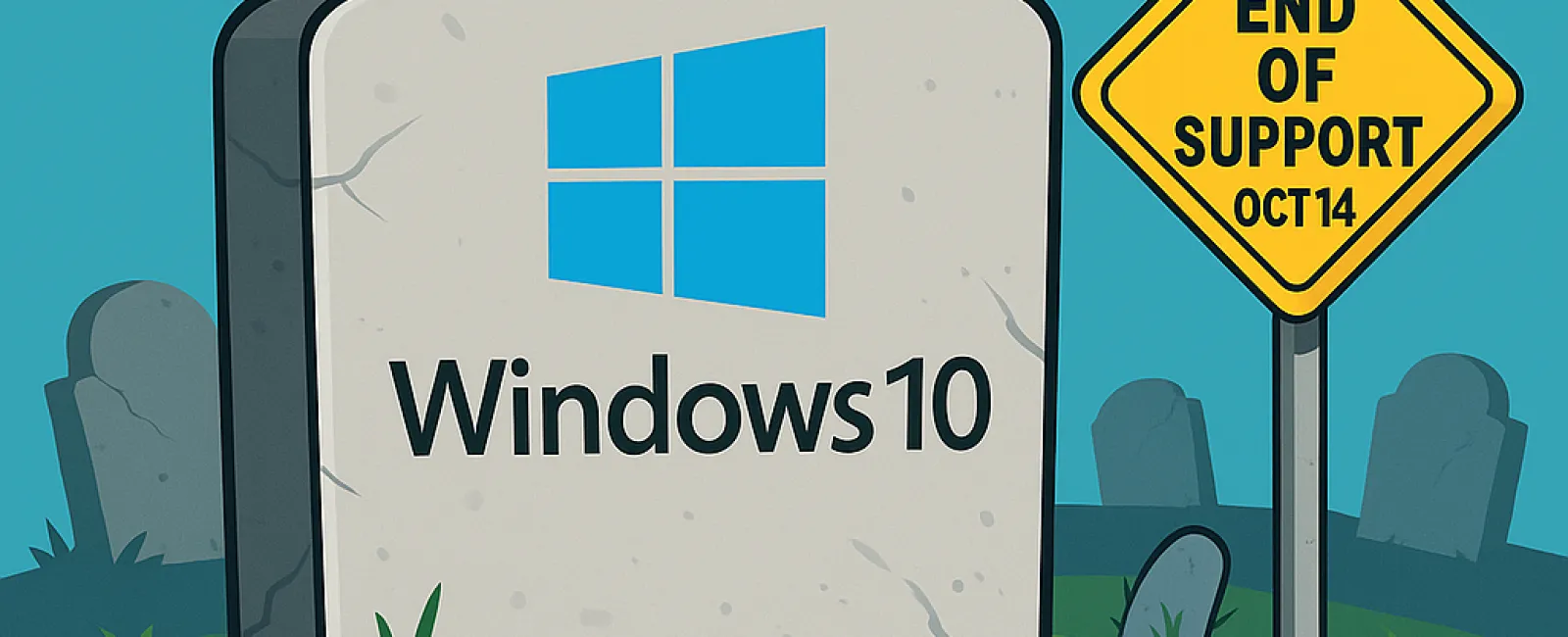 Tombstone with Windows 10 logo marked R.I.P. beside sign reading End of Support Oct 14 in graveyard scene.