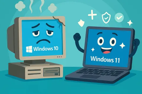 Sad old Windows 10 desktop contrasts happy new Windows 11 laptop with security and performance icons around it.