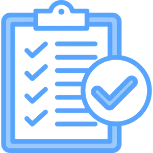 Blue checklist clipboard with multiple check marks and a large magnified check mark icon overlay.